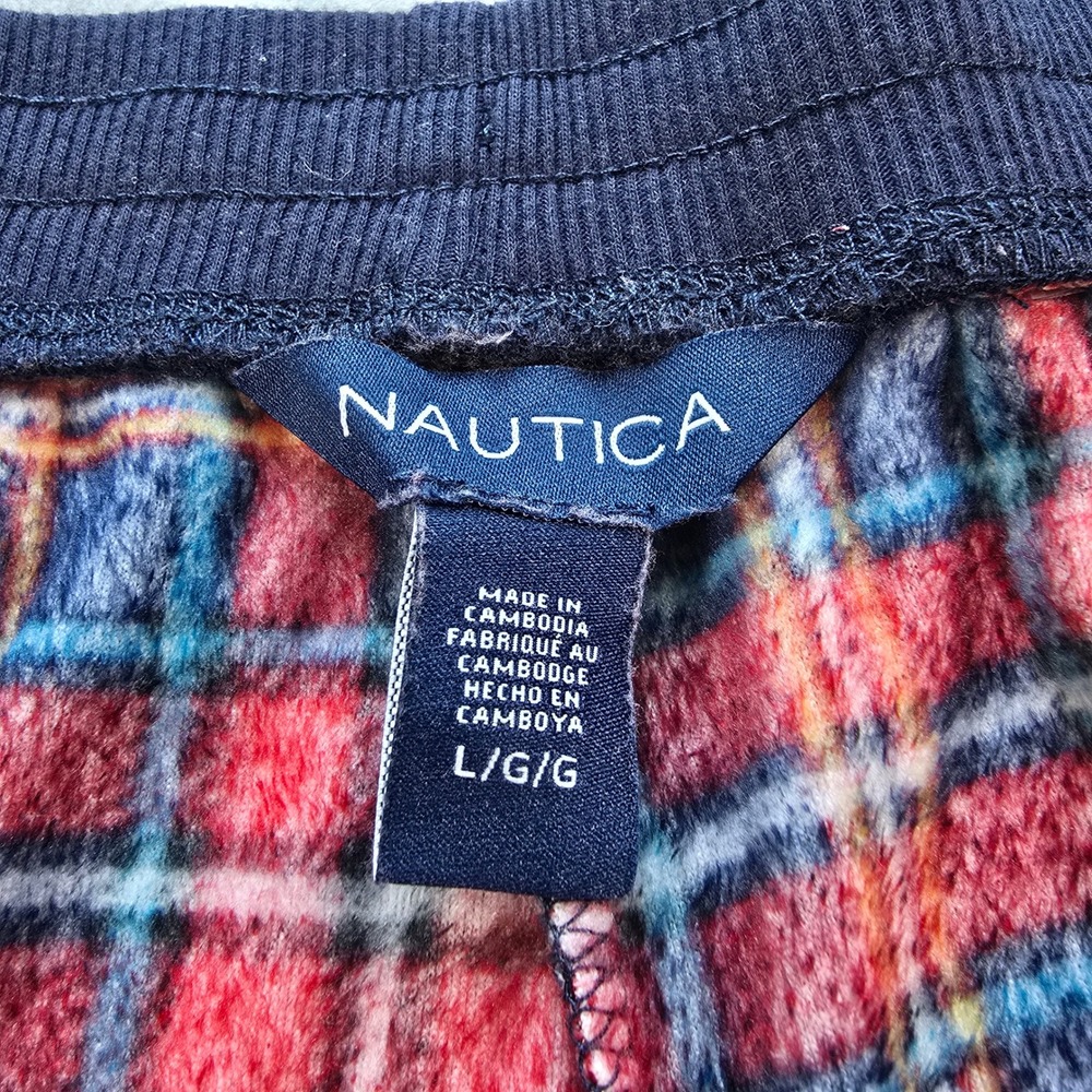 Nautica Mens Pajama Set Red Navy Blue Plaid Fleece Sleepwear Large PJs EUC - Picture 8 of 8
